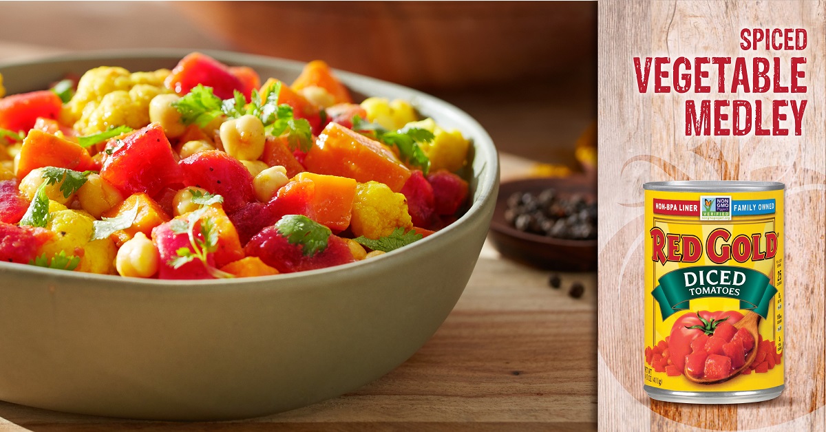 Image of Red Gold Vegetable Medley recipe in white dish with Can of Diced Tomatoes