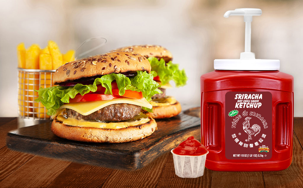042019_huyfong_srirachapumpjug_1023x636 Image of two burgers next to a ketchup pump dispenser of red gold sriracha ketchup