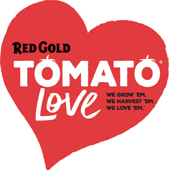 Image of red heart and Red Gold Tomato Love logo with tagline