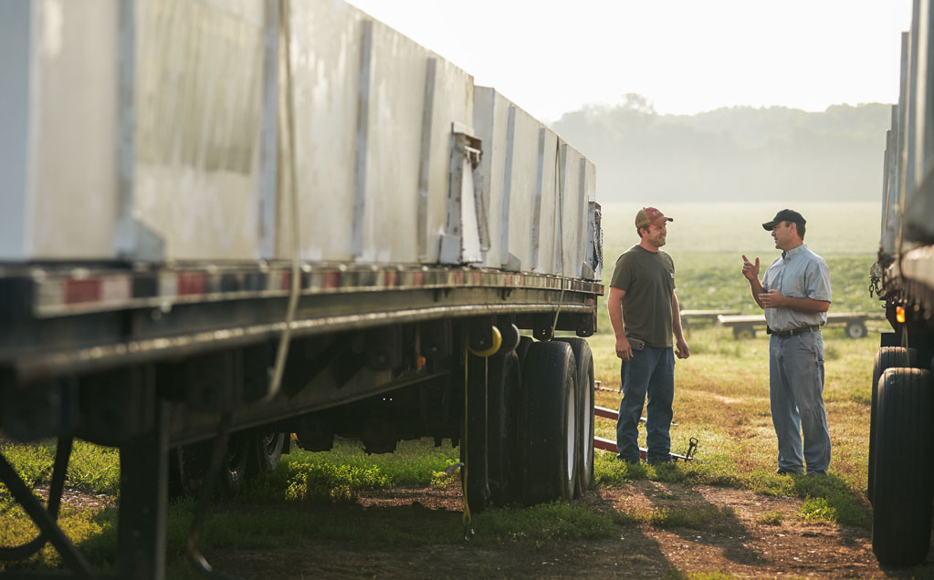 Image of Howell Family Farm growers for Red Gold Tomatoes Adam and Aaron Howell talking between two semi loads of tomatoes in a tomato field