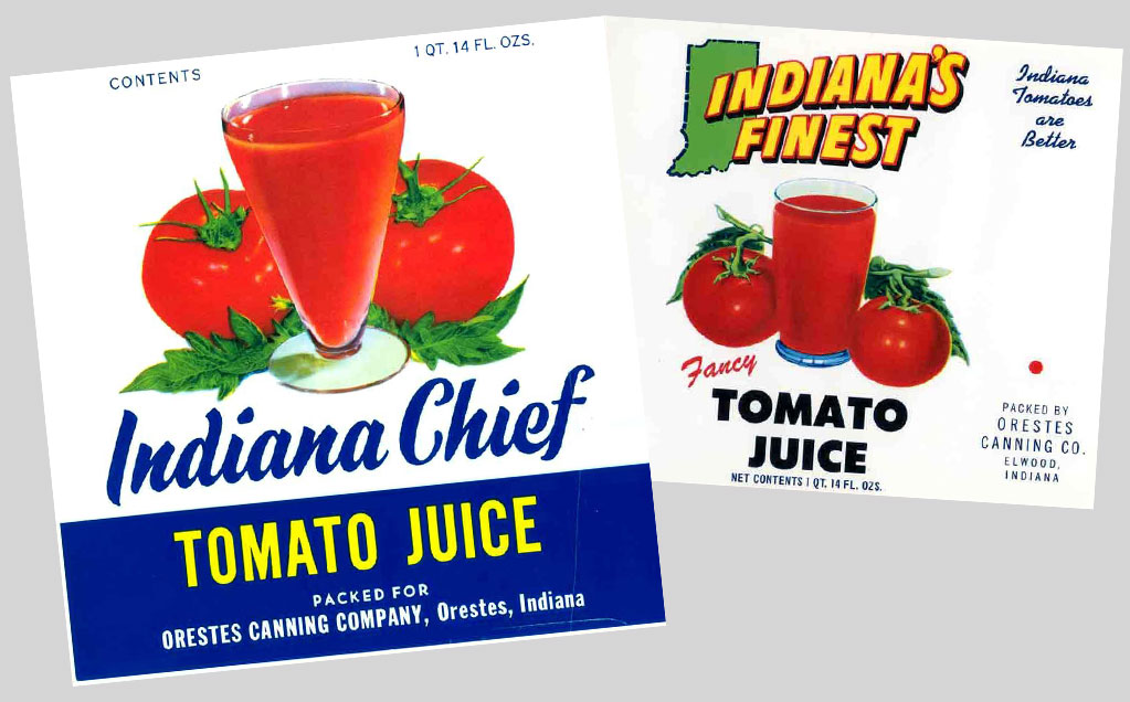 Two retro labels of Red Gold Indiana Chief Tomato Juice and Indiana's Finest Tomato Juice