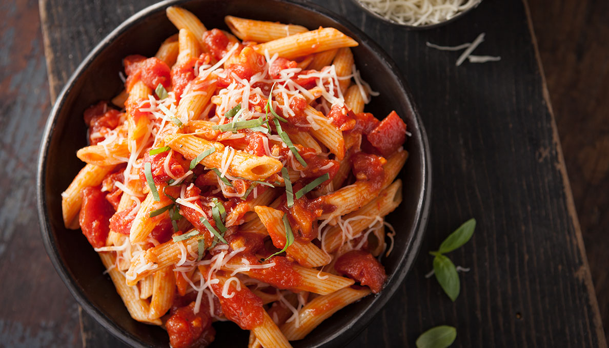 Image of Penne Araiatta Sauce in black bowl