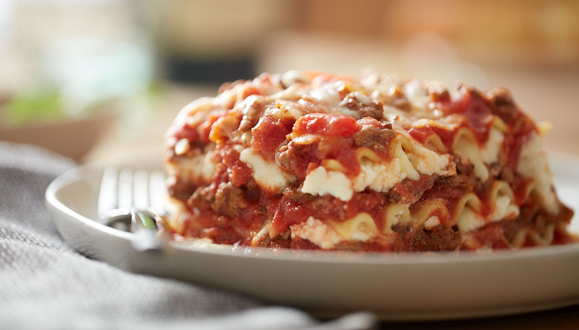 Classic Lasagna side view Image of Classic Lasagna on a plate