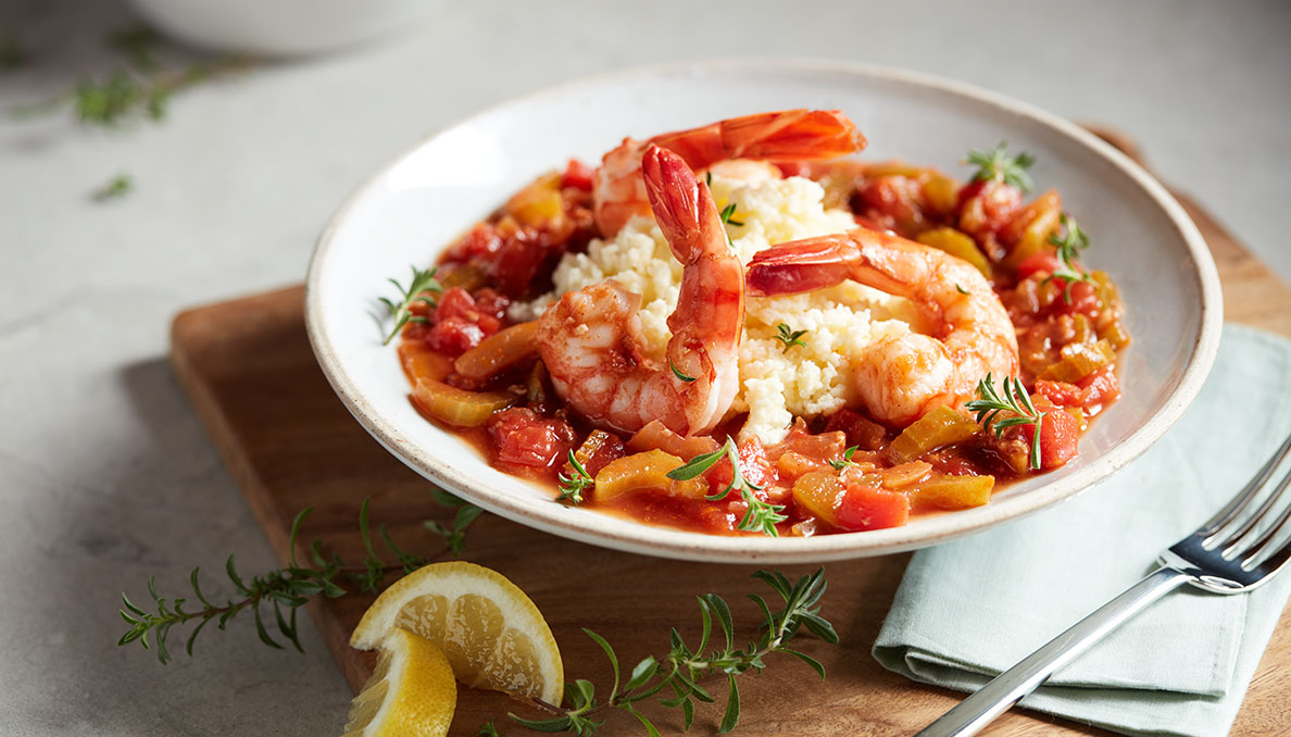 Image of Creole Sauced Shrimp and Gouda Grits in a bowl using diced tomatoes