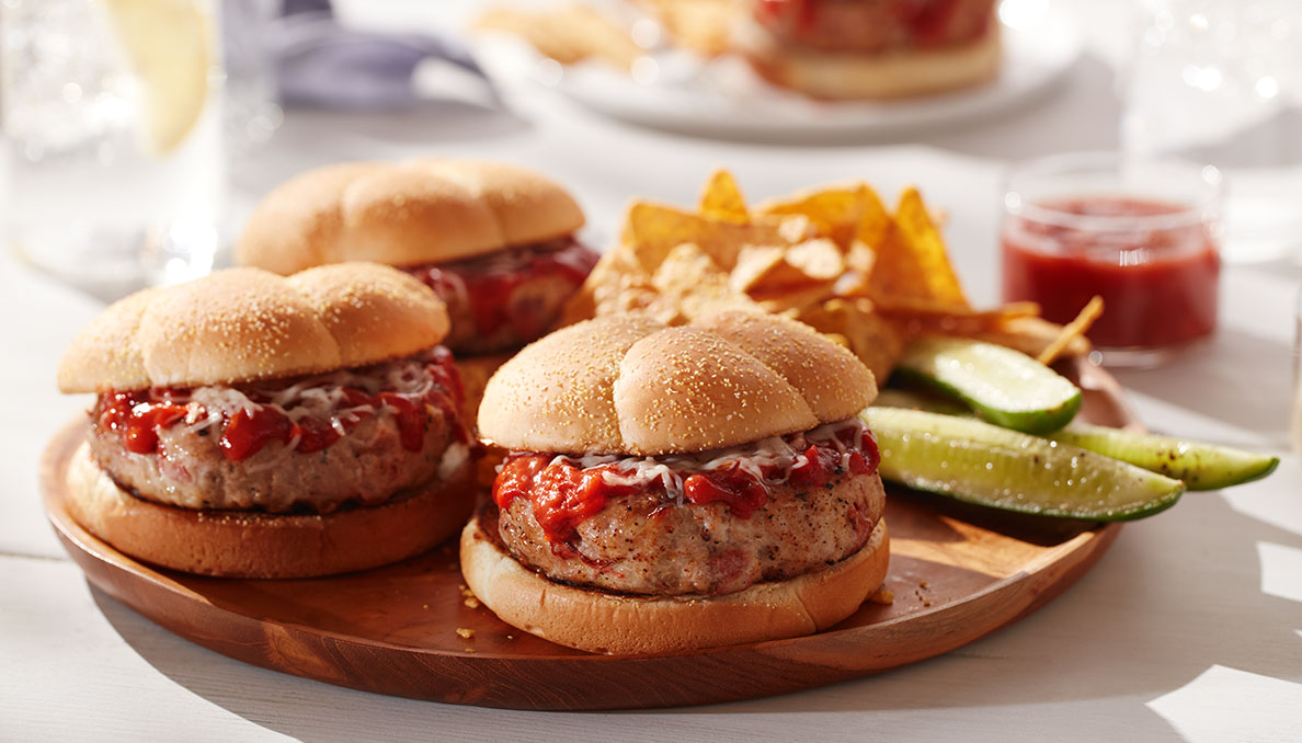 Image of Italian Turkey Burger on wood tray