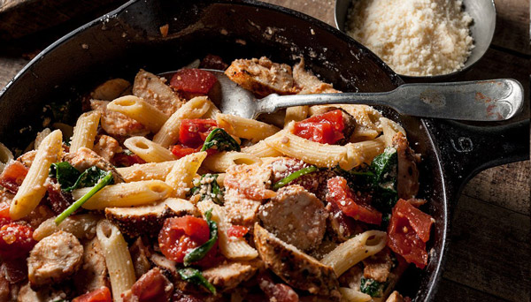 Image of One Skillet Chicken Bacon Alfredo in cast iron skillet