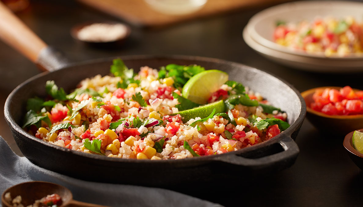 Image of Red Gold Tomatoes recipe Mexican Cauliflower Rice in a skillet