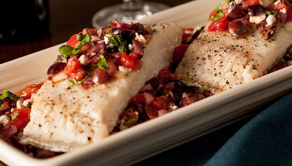 roasted halibut with greek relish