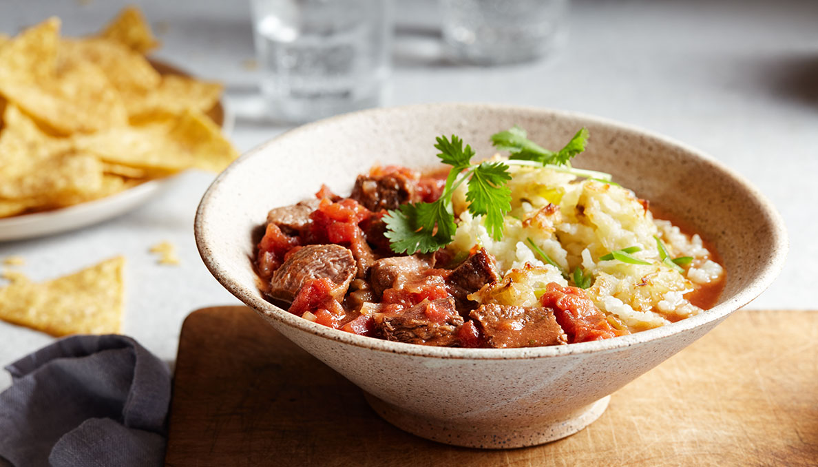 Salsa beef chili side view