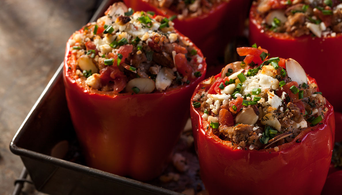 Savory turkey stuffed bell peppers close up