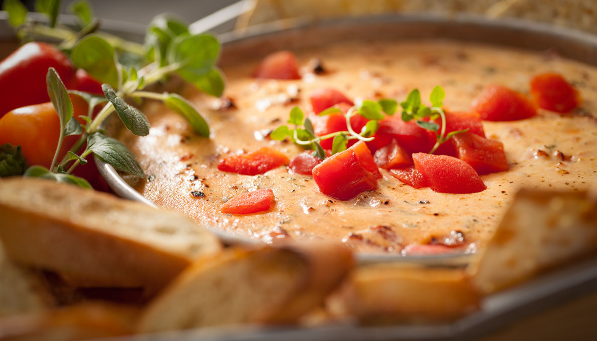 White pizza basil dip close up