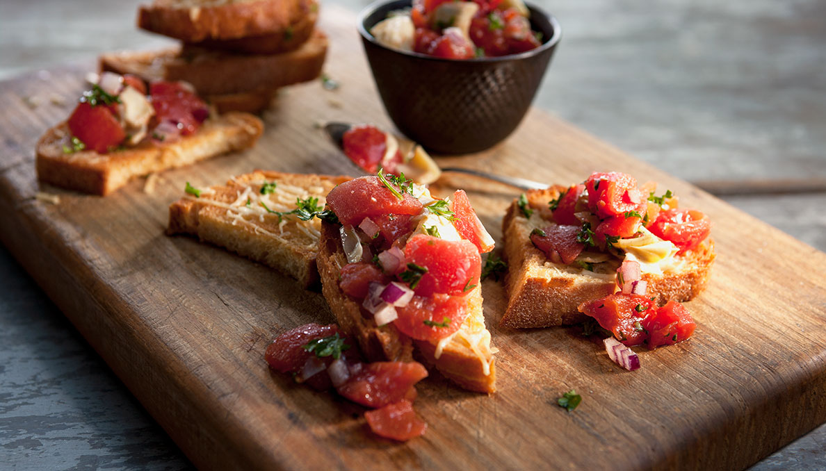 Red Gold Aritchoke and Tomato Crostini