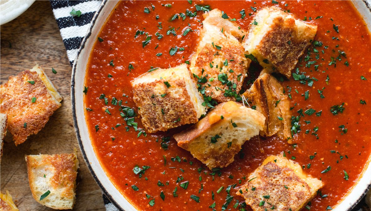 Pantry Tomato Soup with Grilled Cheese Croutons