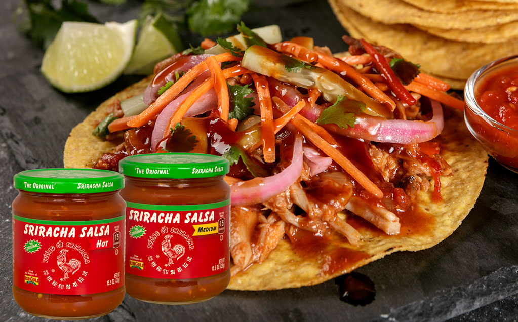 Image of red gold sriracha salsa and asian pork tacos