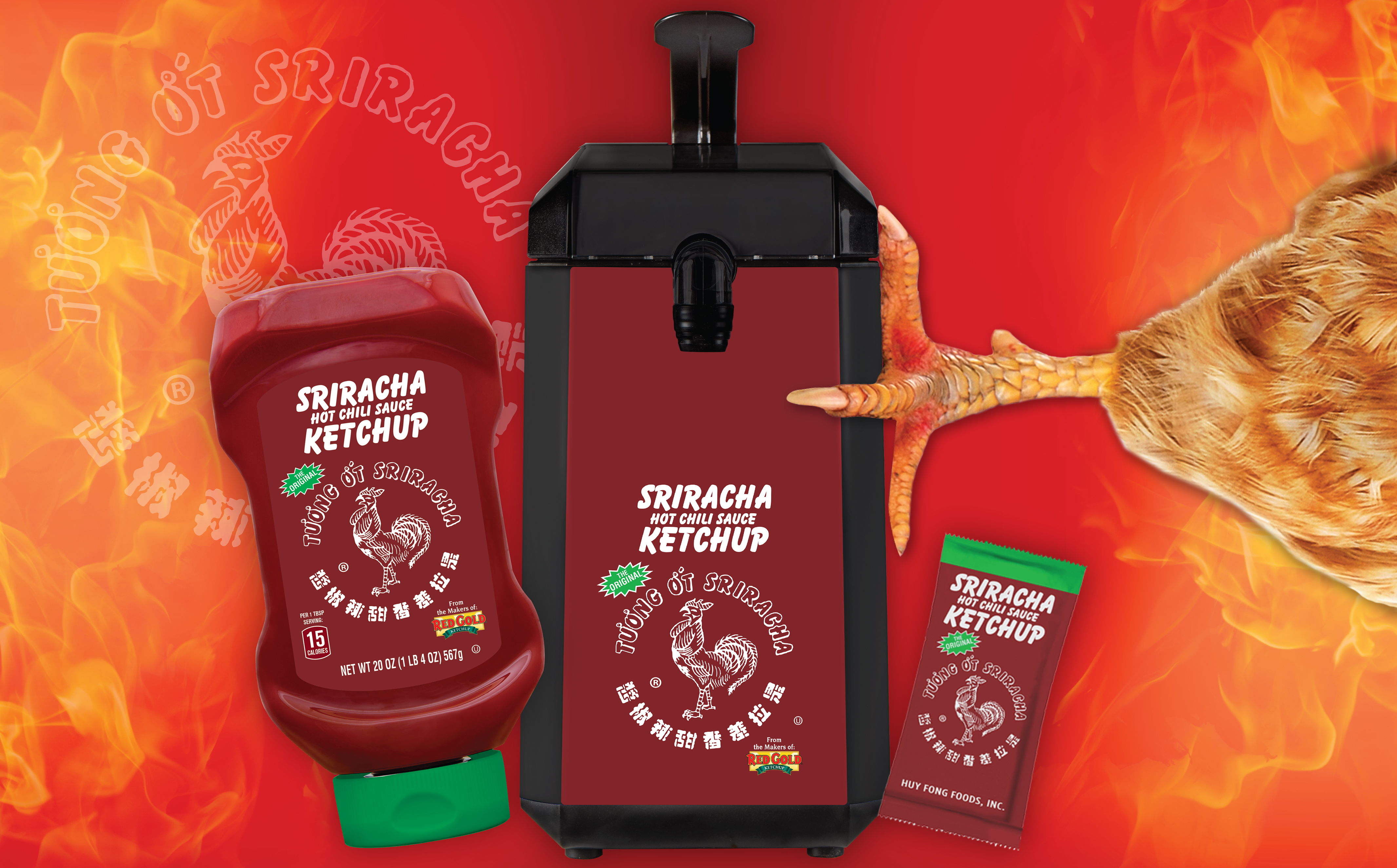 Red Gold Sriracha ketchup bottle pump dispenser and packet with fire and rooster leg